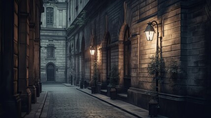 Misty European alleyway at night