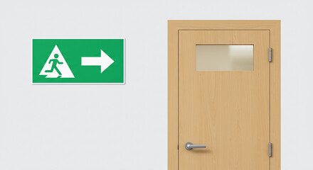 Green emergency exit sign showing escape route with door