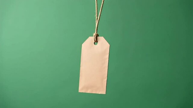 Blank Kraft Paper Tag Hanging on Twine Against Green Background Ideal for Branding Mockup or Holiday Decoration