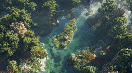 Fototapeta premium Forested river landscape seen from above, offering a natural map-like perspective