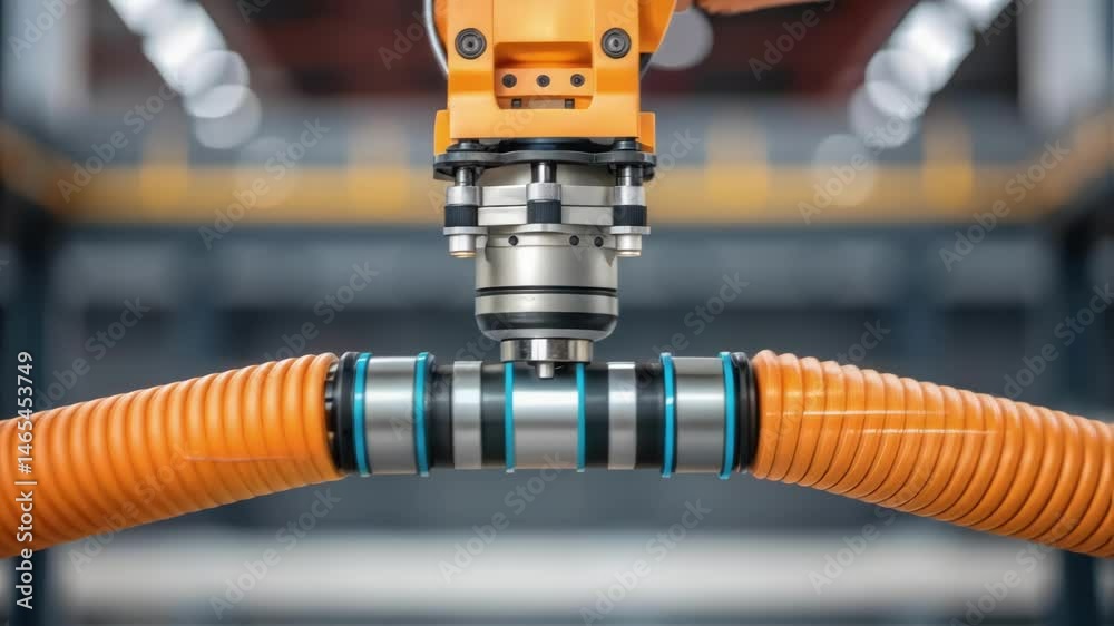 Fototapete A medium closeup highlighting a robotic arm gripping a concrete delivery hose its joints and sensors visible demonstrating precision engineering in action.