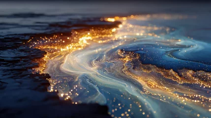 Fotobehang Abstract landscape with glowing gold and white fluid streams resembling molten light flowing across a dark textured surface © Aliaksandra