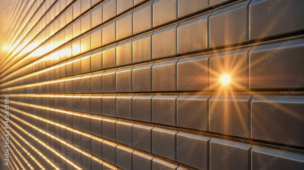 Poster a medium closeup highlighting the sunlight reflecting off a section of the thermal storage wall depi