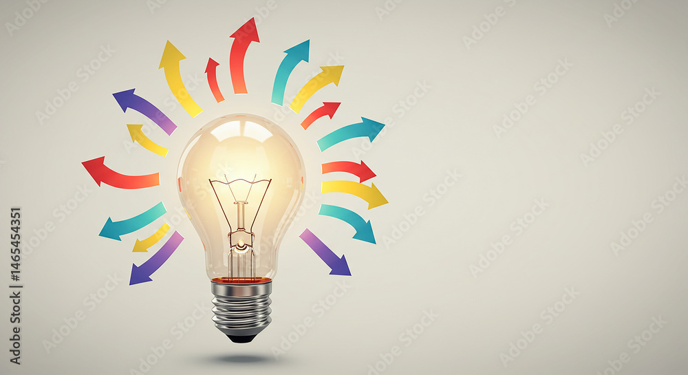 Poster Glowing light bulb with colorful arrows pointing towards it representing innovative ideas