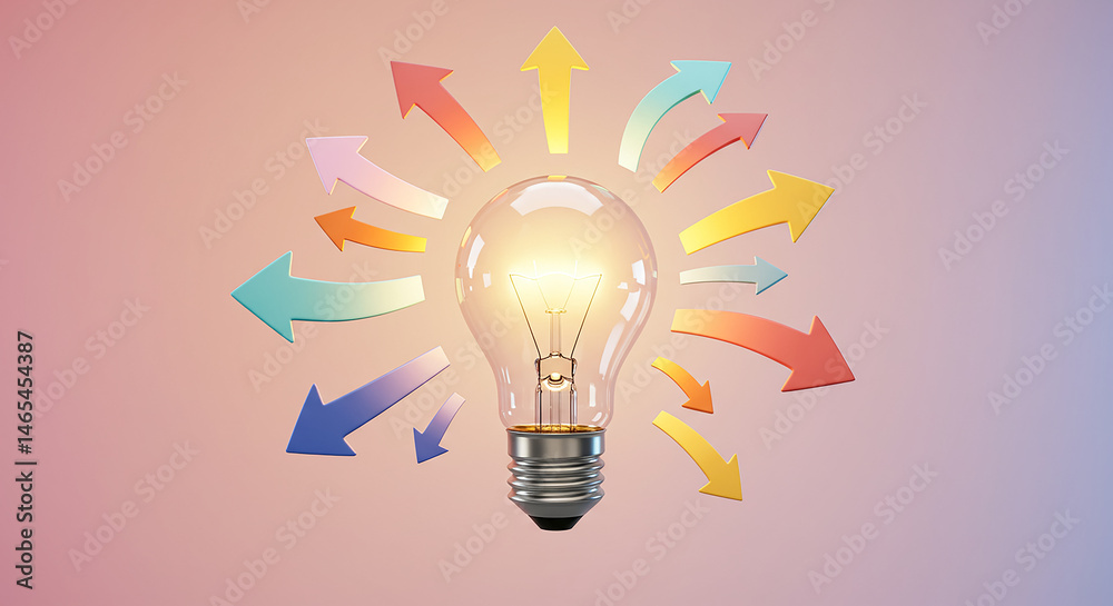 Poster bright light bulb expanding with colorful arrows symbolizing innovation and growth