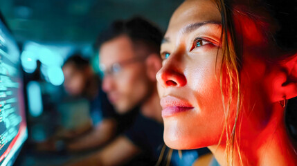 Focused woman illuminated by red light coding on a computer screen in a dark room, symbolizing modern programming and technology
