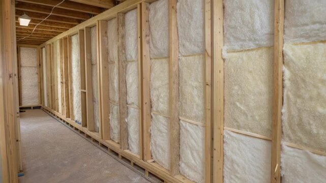 A medium closeup image of fireresistant insulation batts applied within wall cavities emphasizing their fibrous structure designed to impede heat transfer.