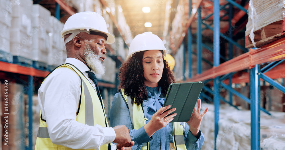 Poster warehouse, team and tablet for distribution, planning storage or stock management with supervisor. s