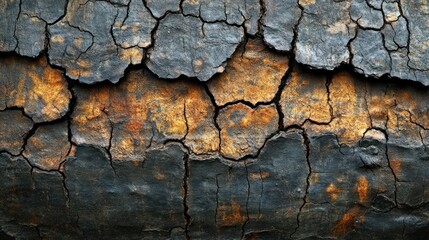 Cracked, charred surface with deep fissures.  Dark gray and orange hues