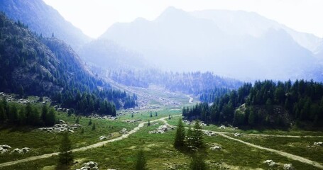 Lush green valley opens up with multiple winding paths leading through the landscape. Majestic mountains rise in the background, partially shrouded in mist, creating a serene atmosphere.