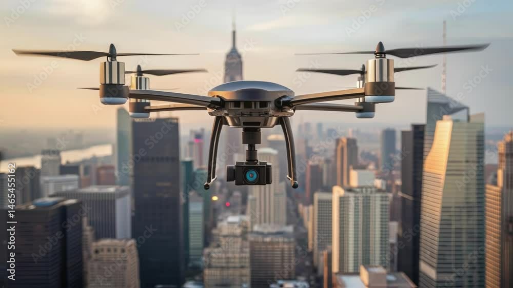 Poster A medium closeup of a construction drone hovering above a tall structure highlighting its propellers and sy build with an urban landscape in the background.