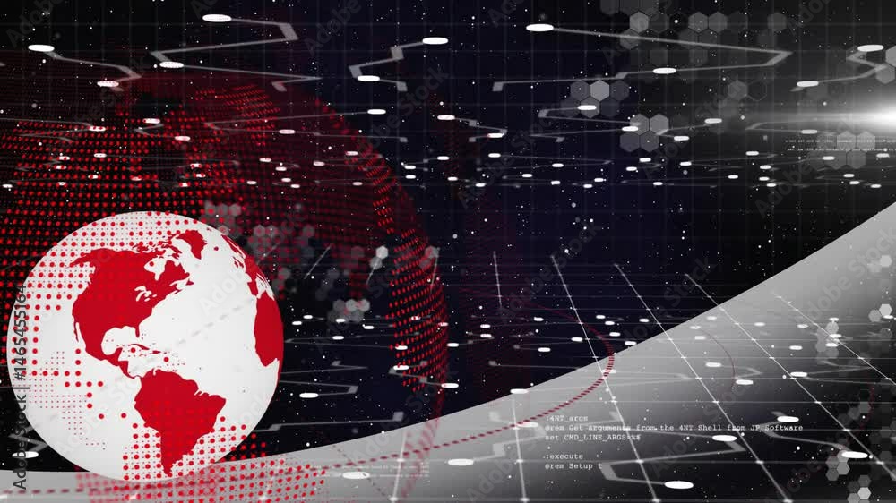 Poster 3d render showcasing digital network rotating white red globe, floating nodes with code overlays