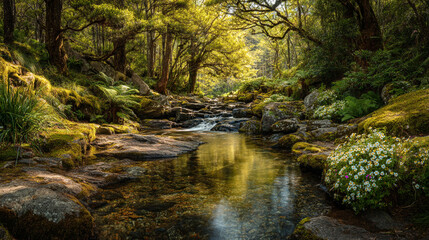 Fototapeta premium A serene forest stream flowing over rocks with lush vegetation and sunlight filtering through trees