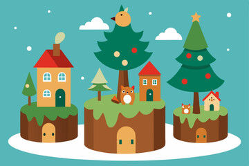 tree stump village with animal families decorating 