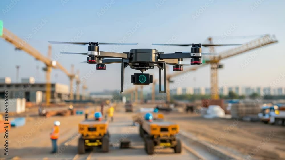 Poster a medium closeup of a construction site with aidriven drones hovering above capturing aerial footage
