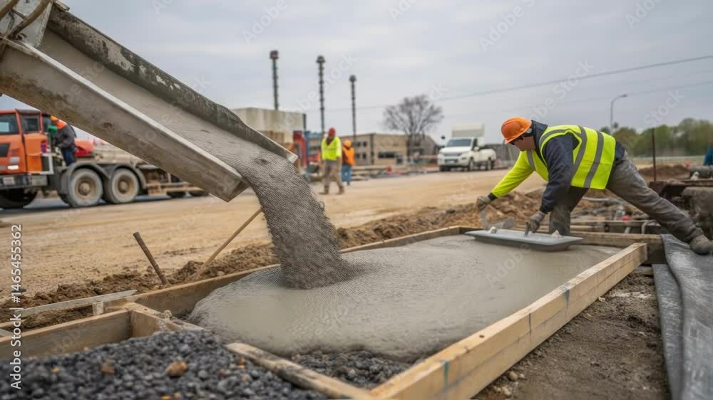 Aufkleber a medium closeup of a construction site where a new foundation is being poured using a sustainable c