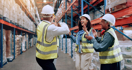 Man, group and dancing for logistics at warehouse, smile and success with motivation, team and support. People, mentor and women with applause, celebration and goal for supply chain at storage plant