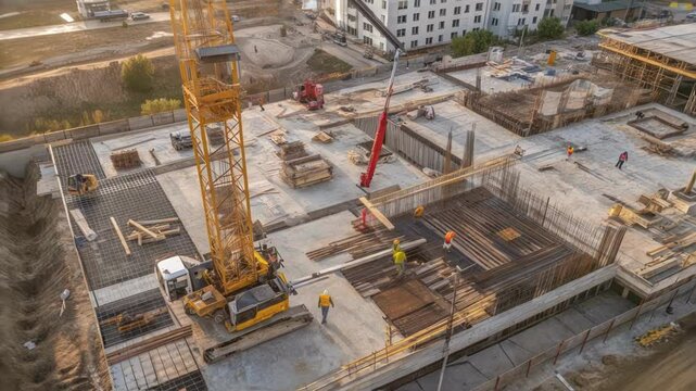 A medium closeup of a construction site captured from the drones perspective revealing intricate details of materials and machinery in use highlighting progress monitoring