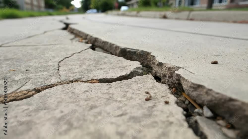 Poster a medium closeup of a cracked concrete slab undergoing healing with a focus on the expulsion of a vi