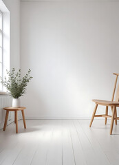 Serene White Room: Plant, Guitar, and Empty Frame