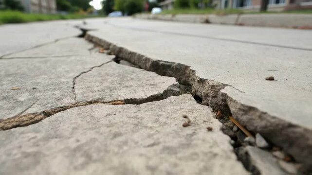 A medium closeup of a cracked concrete slab undergoing healing with a focus on the expulsion of a viscous healing agent from microcapsules within the crack.