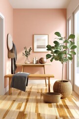 Bright minimalist interior with wooden furniture and decorative greenery