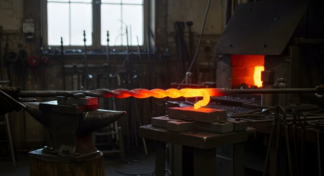 A blacksmith shaping a red hot metal rod with a hook end in a workshop near an anvil and furnace