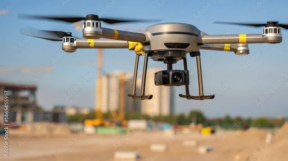 Poster A medium closeup of a drone equipped with IoT sensors flying above a construction site capturing aerial data and transmitting it back to the control center.