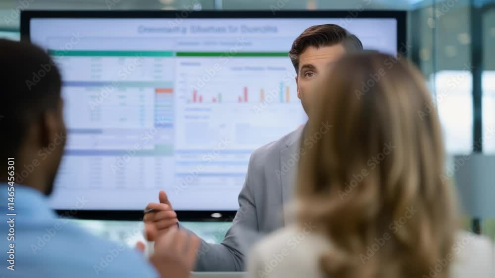 Leinwandbilder A medium closeup of a financial advisor sharing insights from the AIdriven software during a meeting gesturing towards a visual display of predictions with engaged clients in the