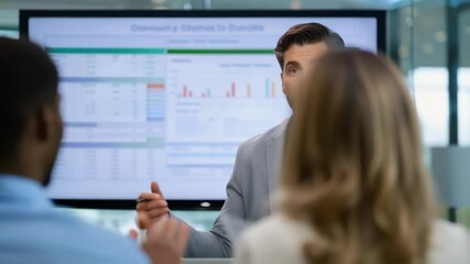A medium closeup of a financial advisor sharing insights from the AIdriven software during a meeting gesturing towards a visual display of predictions with engaged clients in the