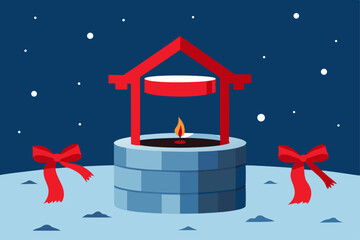 wishing well in a snowy courtyard  with red ribbon.svg