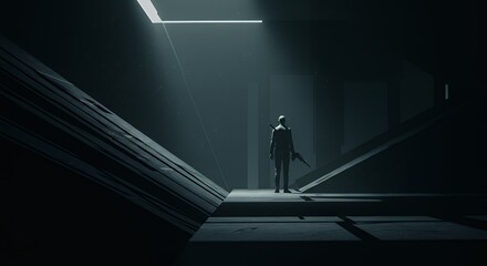 Lone Figure Stands in Dark Geometric Space with Weapon