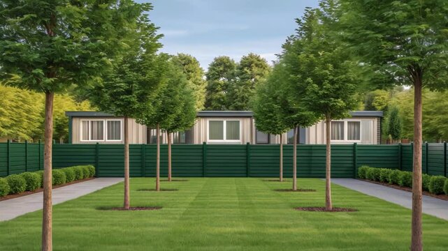 A medium closeup of a garden area with windbreak trees strategically planted around the modular home illustrating thoughtful landscaping designed to reduce wind impact and enhance