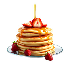 Stack of pancakes with fresh strawberries and syrup on a plate for breakfast.
