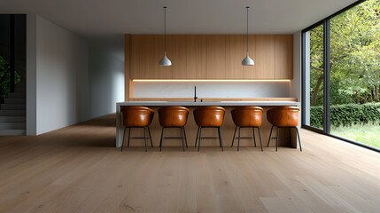 Minimalist Scandinavian inspired kitchen with wooden cabinetry and leather barstools