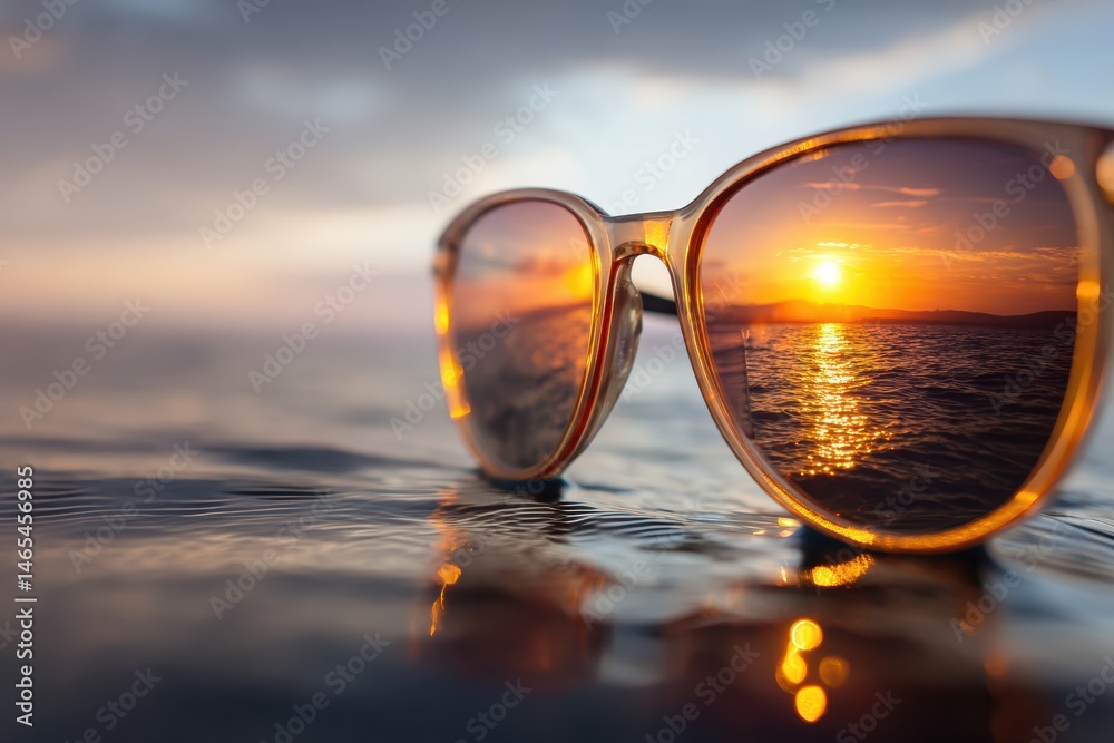 Poster reflections of a breathtaking sunset on the ocean viewed through stylish sunglasses during a tranqui