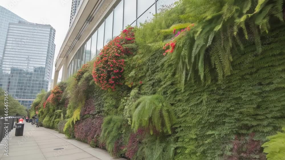Poster a medium closeup of a living wall adorned with cascading ferns and colorful flowering vines highligh