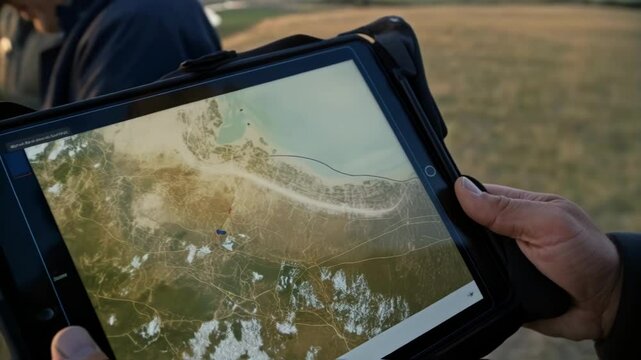 A medium closeup of a mapping team reviewing dronecaptured imagery on tablets outdoors with a backdrop of vast open fields and mountains in the distance.