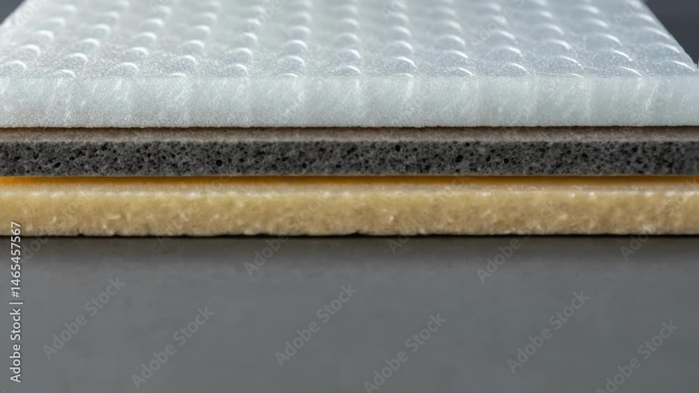 Poster A medium closeup of an aerogel panel layered with additional insulation materials highlighting the contrast between the different textures and the innovative composite nature of