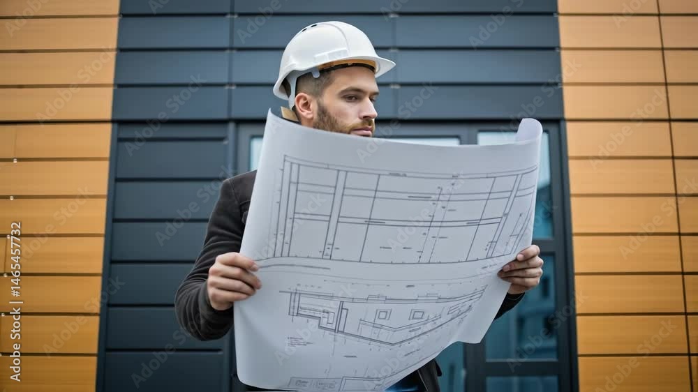 Aufkleber A medium closeup of an architect examining a blueprints for cladding installation juxtaposed against a backdrop of the finished fireresistant exterior underscoring the harmony