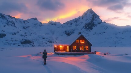 Solitude At Snowy Cabin Retreat Woman Hiking Towards Mountain Scenery At Dusk High Resolution Photo