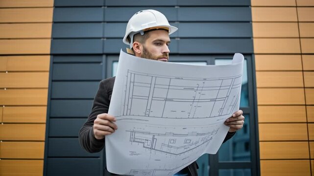 A medium closeup of an architect examining a blueprints for cladding installation juxtaposed against a backdrop of the finished fireresistant exterior underscoring the harmony