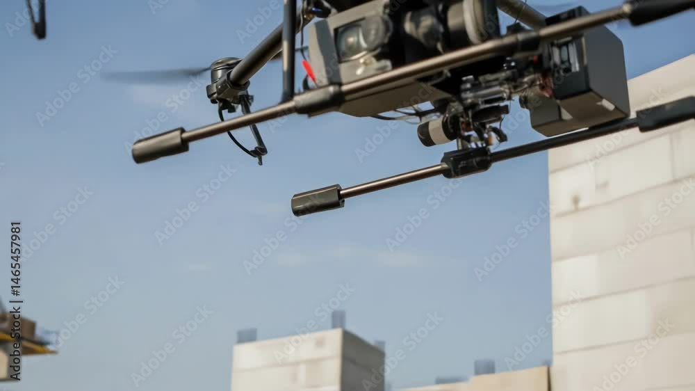 Aufkleber A medium closeup of an automated drone in flight over a construction site capturing data fed into machine learning systems for enhanced risk evaluation and site monitoring.