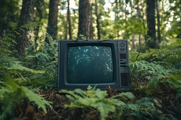 Old analog television set left in a forest, accumulating moss and dirt, symbolizing the impact of technology on nature and the disconnect from the natural world