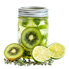 Kiwi Thyme and Lime in a Mason Jar Isolated on Transparent Background