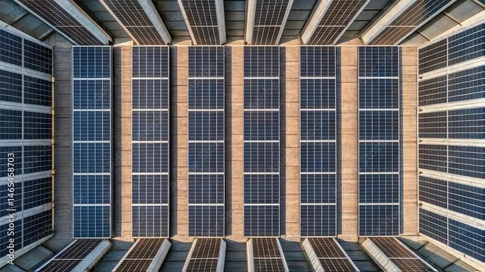 Poster A medium closeup of a panel collection from an aerial perspective revealing the array of solar cells across different angles enhancing the overall aesthetic of energyharvesting