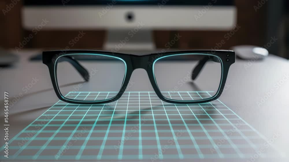 Poster A medium closeup of a pair of smart glasses on a desk with a faint holographic grid projected in front indicating spatial measurements for an accurate setup.