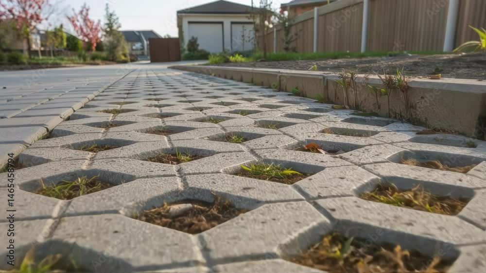 Poster a medium closeup of a permeable paving system illustrating the integration of porous materials that 