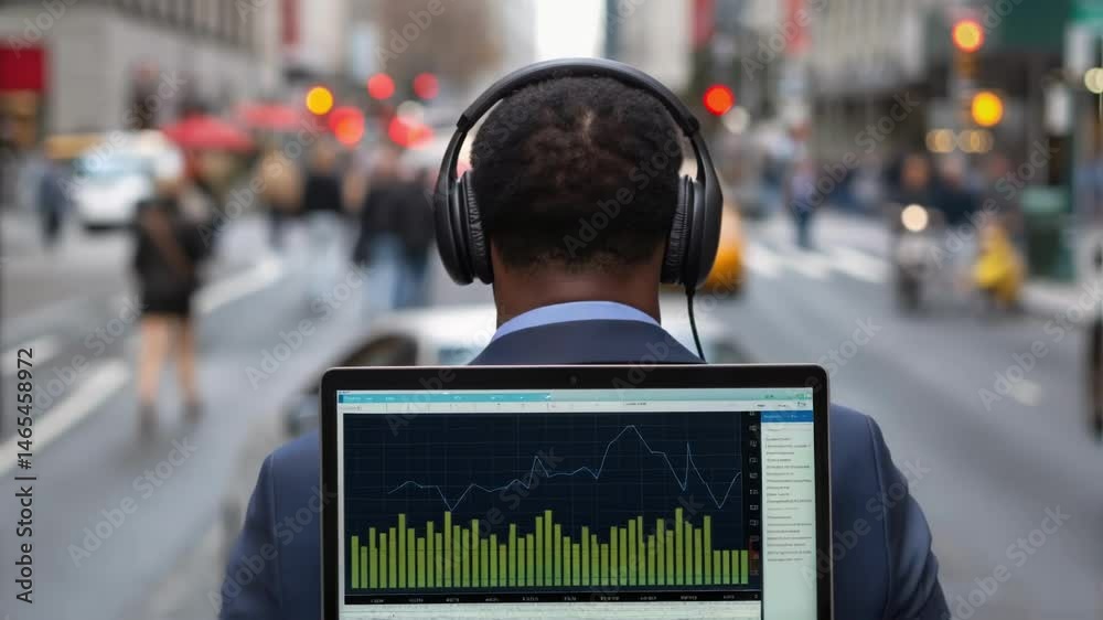 Poster A medium closeup of a professional wearing headphones engaged in analyzing acoustic data on a laptop with a detailed graph of noise reduction levels displayed on the screen and a