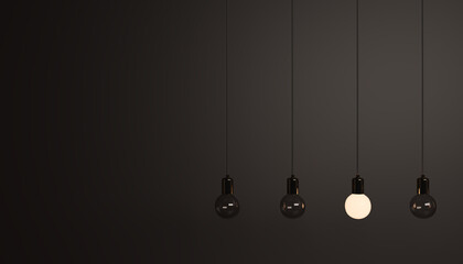 Glowing Light Bulb Among Hanging Pendulums on Dark Wall – Conceptual 3D Visual for Innovation Themes